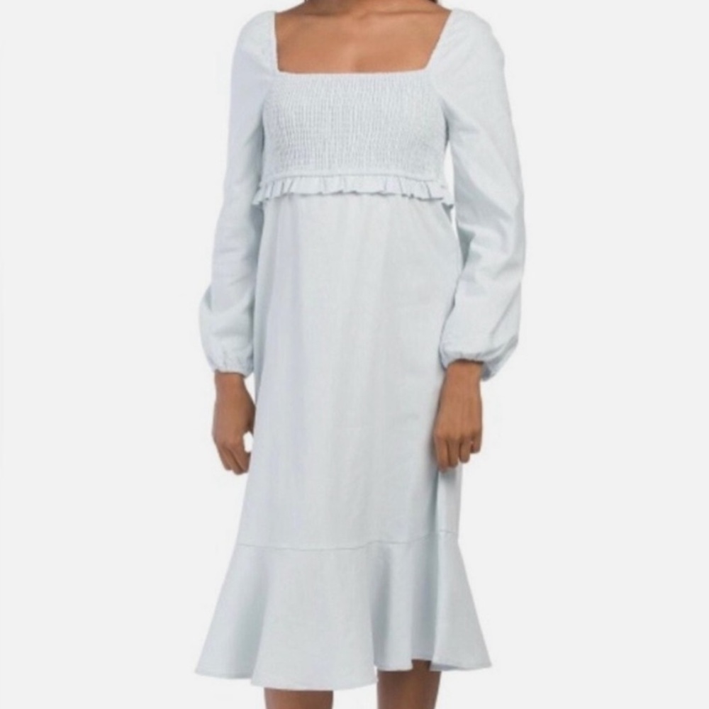 7 For All Mankind Baby Blue Linen Cotton Blend Long-sleeve Dress